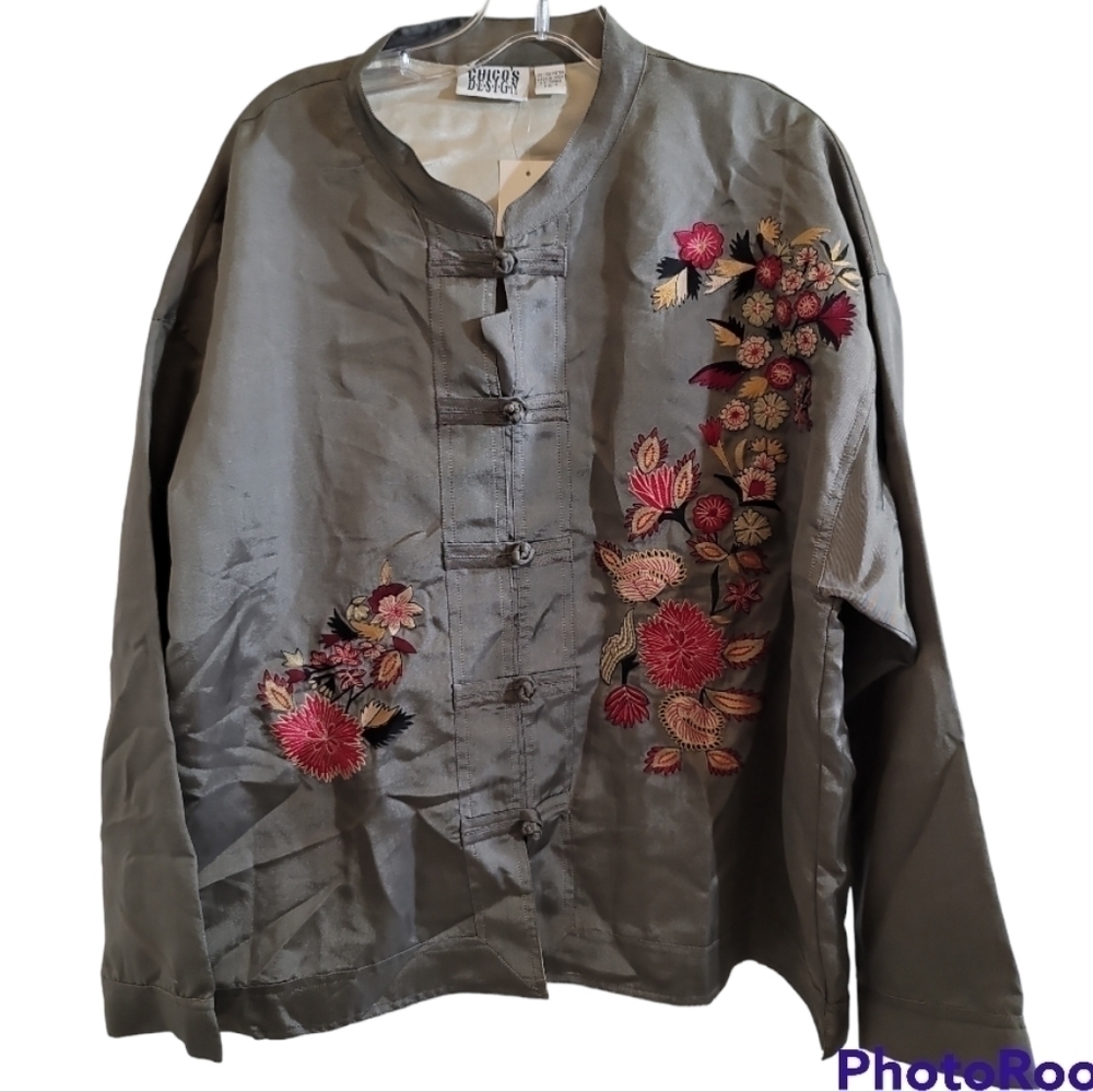 NWT Chico's Design Kaylee Eastland Jacket Gunmetal 3 XL Asian Inspire Embroidery